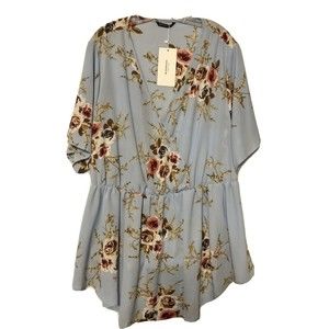 Bloomchic Top Tunic Womens Size 26 V-Neck Short Sleeve Blue Flower Print New
